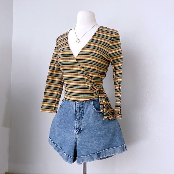 Polly & Esther Tops - Multicolor Striped Faux Wrap Retro Top